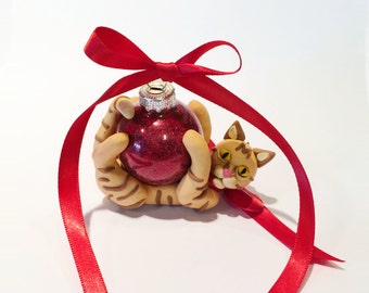 Orange cat handmade christmas ornament, handmade tabby cat ornament, orange tabby cat ornament, tabby cat figurine, red christmas decoration