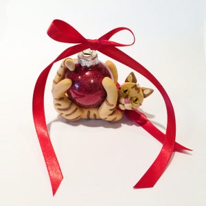Orange cat handmade christmas ornament, handmade tabby cat ornament, orange tabby cat ornament, tabby cat figurine, red christmas decoration