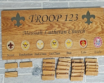 Wooden Oak Boy Scout Troop or Pack Advancement Plaque with 1" x 3" for Scouts Names. Recessed areas allow you to add rank patches.