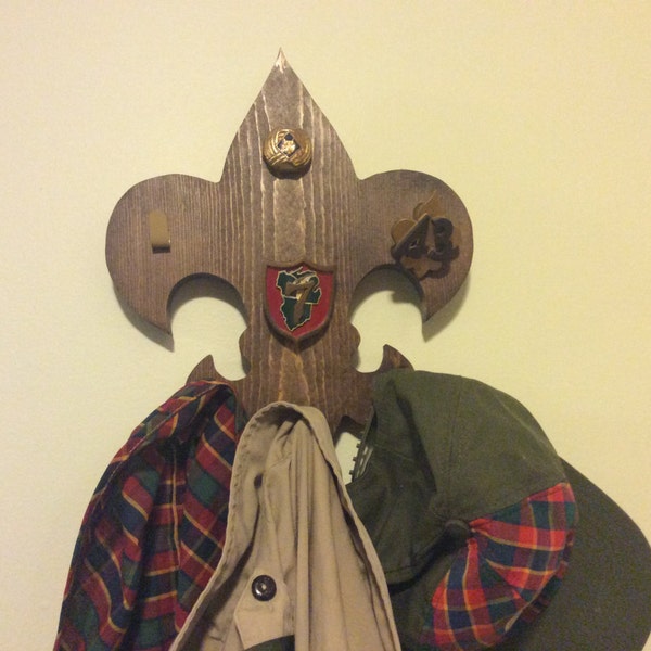 Fleur de Lis neckerchief slide and Boy Scout shirt hanger holder with brass Medium Dark