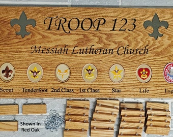 Wooden Ash Boy Scout Troop or Pack Advancement Plaque with 1" x 3" for Scouts Names. Recessed areas allow you to add rank patches.