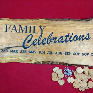 Wooden Natural Edge Cherry Family Celebration Sign Plaque with 24 circles for birthdays and 6 hearts for anniverseries