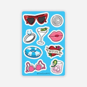 May include: A sheet of stickers with a blue background featuring various colorful illustrations, including sunglasses, a disco ball, a martini glass, lips, a ring, a heart with the word "BESTIES" on it, a pool float, a bra, and a cocktail glass. The text "@CaraCaraNYC" is at the bottom of the sheet.