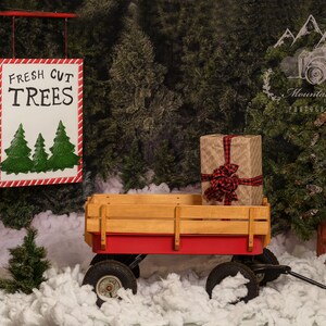 Christmas Digital Backdrop Background  snow tree farm wagon presents