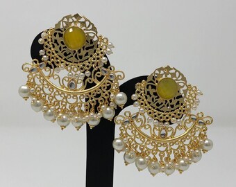 Indian Earrings - Gold and Yellow Earrings - Indian Jewelry - Pakistani Jewelry - Red Earrings - Bridal Jewelry - Pearl Earrings - Wedding