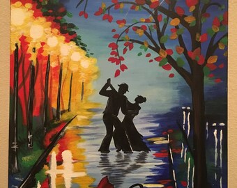 Peinture abstraite sur toile acrylique - Un couple dansant sous la pluie