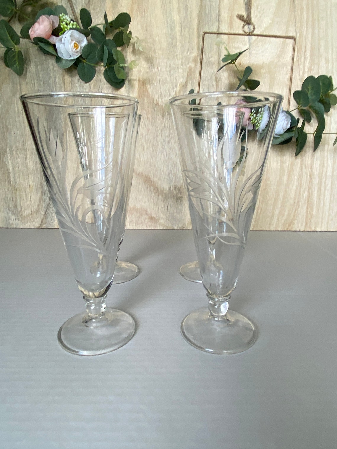 Etched Pilsner Glasses Vintage Bar Glasses Clear Glass Etsy