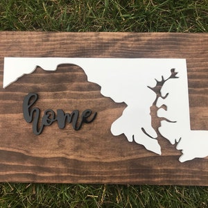 State of Maryland Outline with Script "Home" Signs - Baltimore - Wood Signs - Rustic Wood - MD