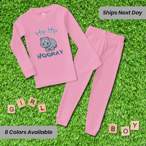 Kids Pajama Matching Set Baby Hippo Hippopotamus Hip Hip Hooray White Animals Zoo Unisex Toddler Girls & Boys Gift for Kids Funny Baby Pjs