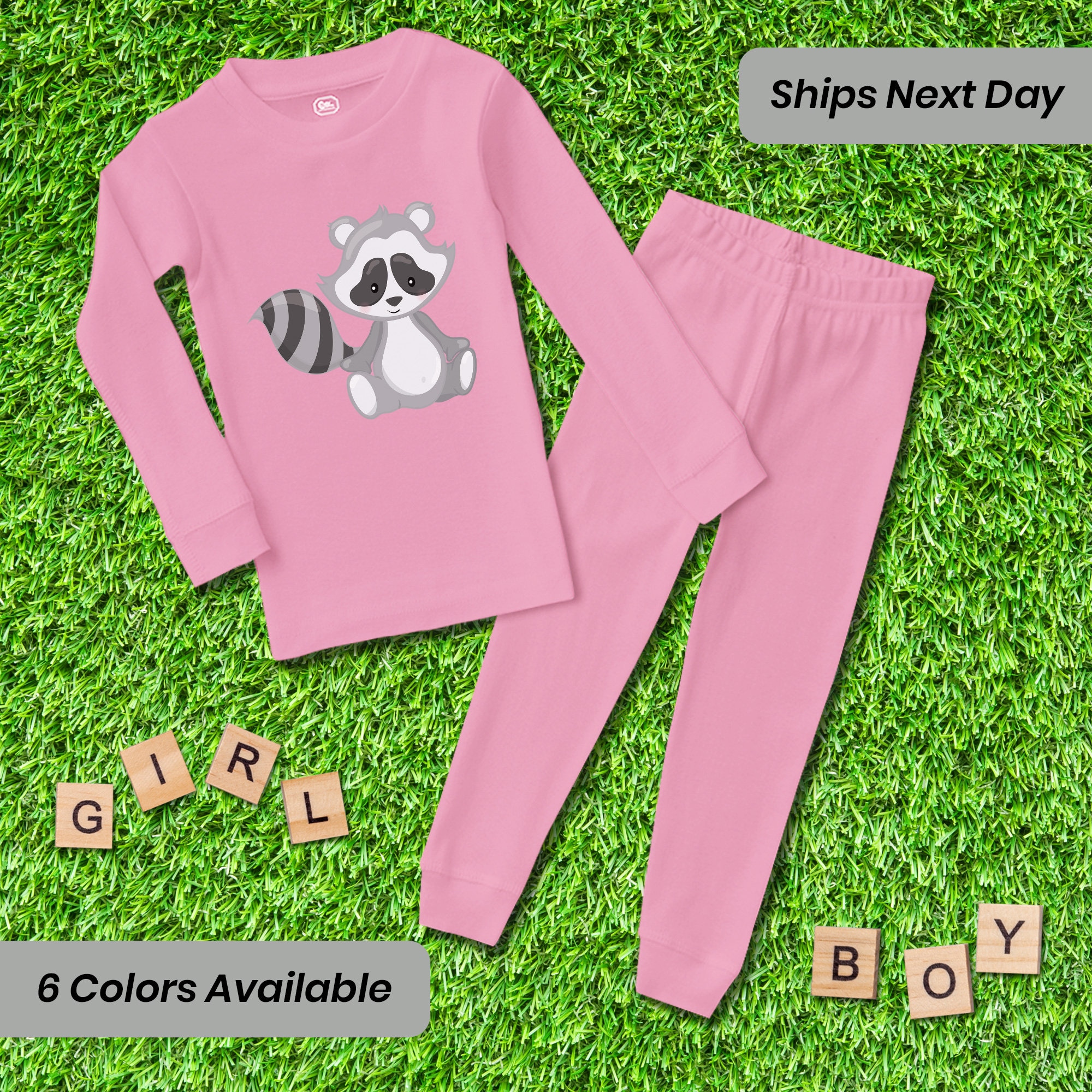 Pink Raccon Pj Kids Pajama Matching Set Raccoon 3 Woodland Unisex Toddler Girls & Boys ...