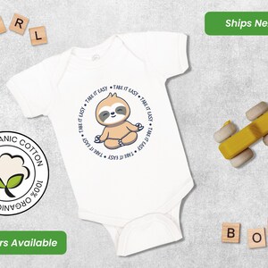 Baby Bodysuit Funny Baby Shower Favors Take It Easy Meditating Sloth Ocean and Beach Baby Girl & Baby Boy Gift Unisex Newborn Clothes