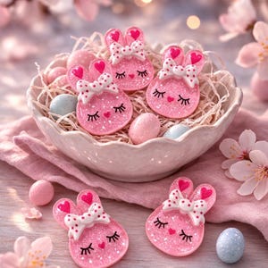 May include: Pink glittery bunny-shaped decorations with white bows and heart accents, arranged in a bowl with Easter eggs. The image features the text "Annie's Treasures".
