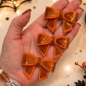 Orange sequence  bows | Flat Back Bow Embellishments | Glitter Bow Cabochons | DIY Craft Supplies | Fake Bake Accessories | pretty bows