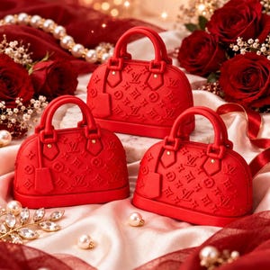 May include: Three red handbags with handles and embossed patterns are arranged on a satin surface, surrounded by red roses, pearls, and decorative accents. The handbags have a structured design.