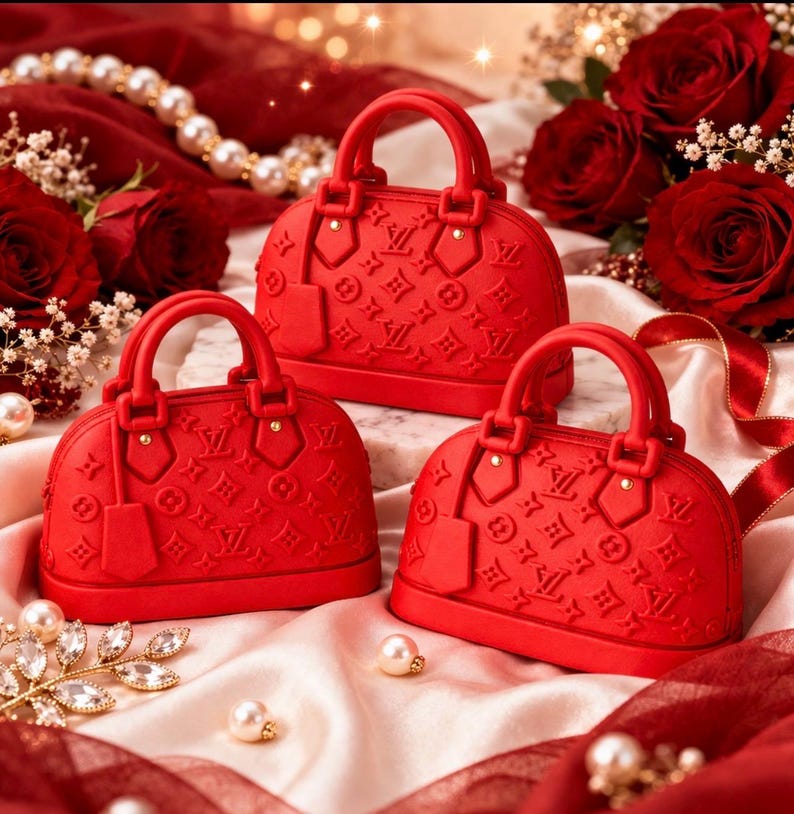 May include: Three red handbags with handles and embossed patterns are arranged on a satin surface, surrounded by red roses, pearls, and decorative accents. The handbags have a structured design.