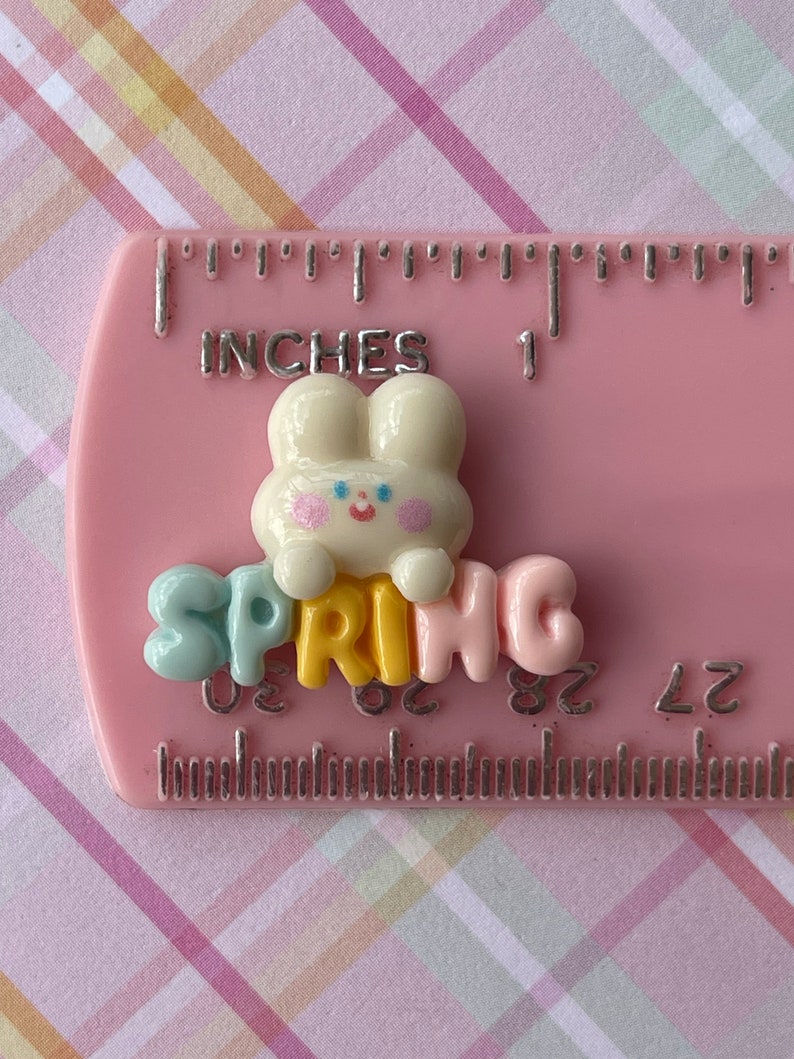 May include: A white bunny charm with pink cheeks and blue eyes holding a multi-colored word "SPRING" charm. The charms are on a pink ruler with inch markings.
