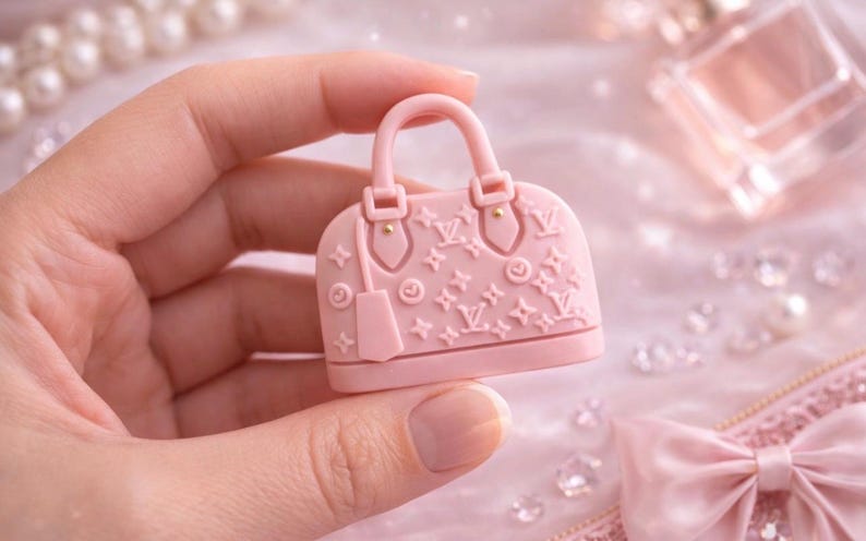 May include: A small, pink handbag-shaped object with a handle, embossed with a repeating pattern of stars and the letters "LV". The bag has gold-colored accents and a small tag. The background is a soft pink with pearls and other decorative elements.