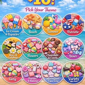 May include: A promotional image for Annie's Treasures featuring 12 themed packs of decorative items. Themes include ice cream, beach, summer, patriotic, bees, flowers, chocolate, bows, girly, purses, meringues, and variety. The image includes the text "4 packs for $10!"