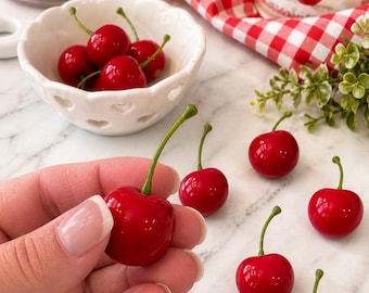 large fake cherries for fake baking | realistic cherries | printed cherries | bowl of fake cherries for staging | photo prop cherries