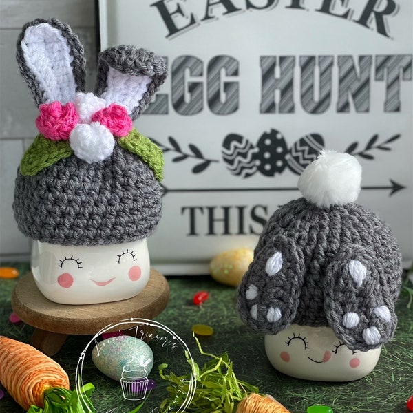 Easter bunny marshmallow hat | Easter   tiered stand decor | rae dunn mug decor | crochet marshmallow hats | easter marshmallow mug hat |