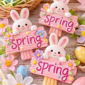 Spring Bunny Sign Cabochons | Easter Bunny Flatback | Spring Cabochon for Crafts | Fake Bake Supplies | Scrapbooking