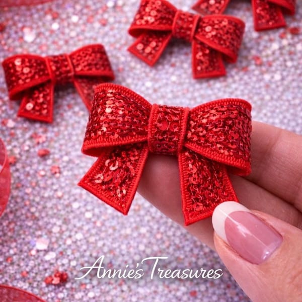 Red  sequence  bows | Flat Back Bow Embellishments | Glitter Bow Cabochons | DIY Craft Supplies | Fake Bake Accessories | pretty bows