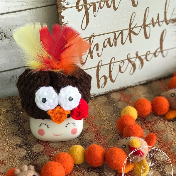 Mr. Tom Turkey marshmallow hat | fall  tiered stand decor | rae dunn mug decor | crochet marshmallow hats | turkey marshmallow mug hats