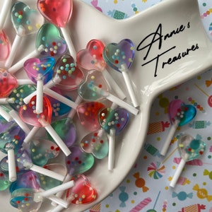 heart lollipop cabochons | fake candy lollipops | fake bake supplies| glitter resin heart lollipops
