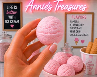 fake ice cream scoop| Strawberry Ice Cream Scoop Fake Bake | 2” Realistic Strawberry ice cream  scoop | Dessert Cabochon | Annie’s Treasures