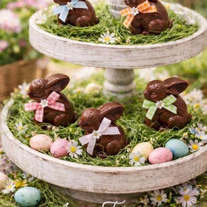 May include: A tiered, white wooden serving tray displays chocolate bunny figurines with colorful bows, nestled in faux grass with pastel Easter eggs and daisies. The text "Annie's Treasures" is visible.