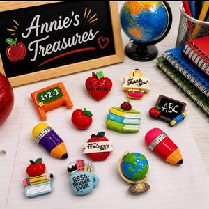 School Cabochon Set | Teacher Classroom Flatback Cabochons | Pencil Scissors Book Chalkboard Ruler | Fake Bake Supplies | Scrapbooking Craft