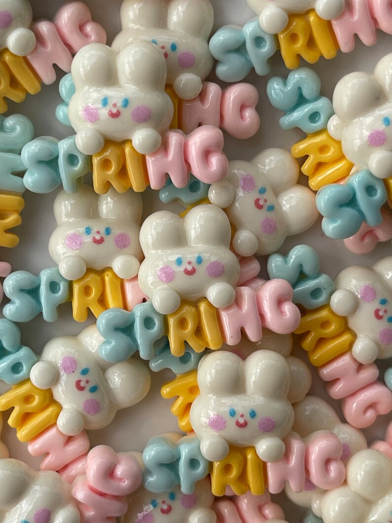 May include: Assortment of pastel-colored resin bunny charms with the word "Spring" spelled out in different colors. The charms are perfect for adding a touch of whimsy to crafts and projects.