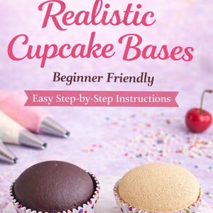 May include: Two cupcakes with chocolate and vanilla frosting sit on a marble surface. The cupcakes are in colorful paper liners. The image includes text that reads "Annie's Treasures" and "Make PERFECT Realistic Cupcake Bases."