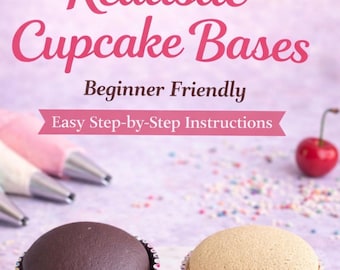 Könnte beinhalten: Zwei Cupcakes mit Schokoladen- und Vanille-Frosting auf einer Marmoroberfläche. Die Cupcakes befinden sich in bunten Papierförmchen. Der Text lautet "Annie's Treasures" und "Make PERFECT Realistic Cupcake Bases."