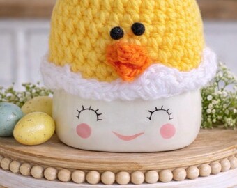 Easter chick marshmallow hat | Easter   tiered stand decor | rae dunn mug decor | crochet marshmallow hats | easter marshmallow mug hat |