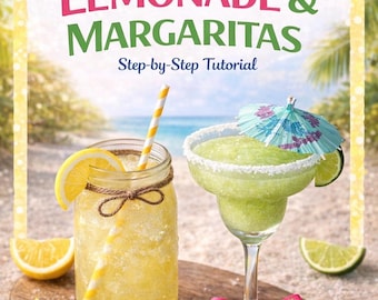 Könnte beinhalten: Ein Bild von einem Einmachglas Limonade mit einer Zitronenscheibe und einer Margarita mit einer Limettenspalte und einem dekorativen Schirm. Der Text lautet "Learn to Make Fake Lemonade & Margaritas". Die Getränke stehen auf einem Holzbrett.