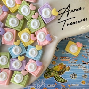 May include: Assortment of pastel-colored camera charms with small hearts. The charms are made of polymer clay and are approximately 1 inch in size. The charms are displayed on a white plate with a blue and green map in the background.