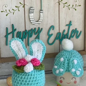 Easter bunny marshmallow hat | Easter   tiered stand decor | rae dunn mug decor | crochet marshmallow hats | easter marshmallow mug hat |