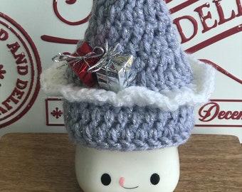 Silver Christmas tree marshmallow hat | Christmas tiered stand decor | rae dunn mug decor | crochet marshmallow hats | Christmas mug hat