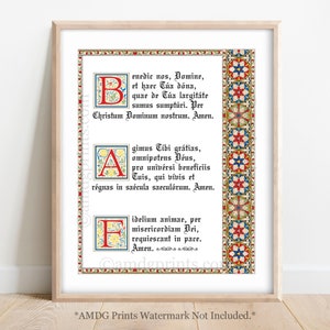8x10 Grace Before and After Meals; Thanksgiving; Stained-Glass, Illuminated Letter Style Catholic Print; Latin and English Versions
