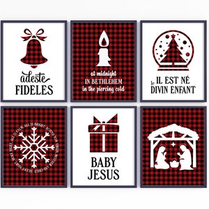 May include: Set of six printable Christmas signs with a red and black buffalo plaid background. The signs feature white silhouettes of a bell, candle, snowflake, gift box, manger scene, and a snow globe with a Christmas tree. The signs include the text "adeste fideles", "at midnight in Bethlehem in the piercing cold", "le il est né divin enfant", "Silent night, holy night", "Baby Jesus", and "All is calm, all is bright, round yon virgin, mother and child".