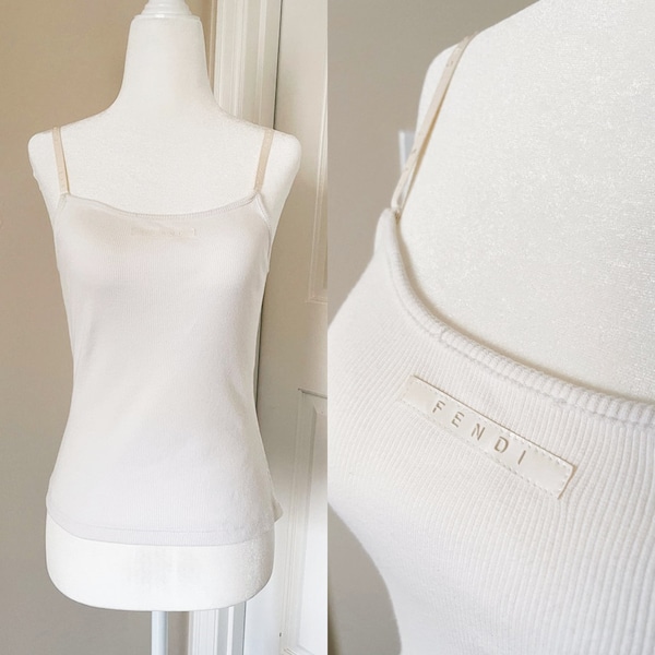 Rare Vintage 1990s Fendi Iconic Rib Logo Tee Tank White or Cream Fendi Jeans Logo Size XS-S