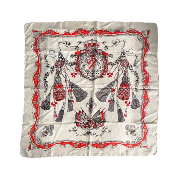 Vintage 1990s Heraldry Coat of Arms Tassel Grey Gray Red Preppy Dark Academia Silk Scarf Bandeau