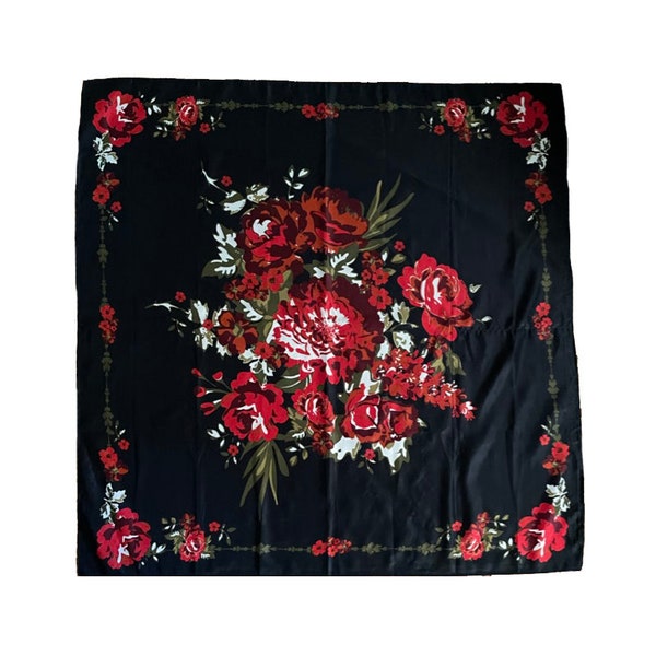 Vintage Floral Scarf Black & Red Roses Flower Old Hollywood Style Grace Kelly Audrey Hepburn Headscarf