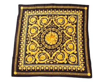 Vintage Versace Barocco Baroque Black and Gold Silk Scarf