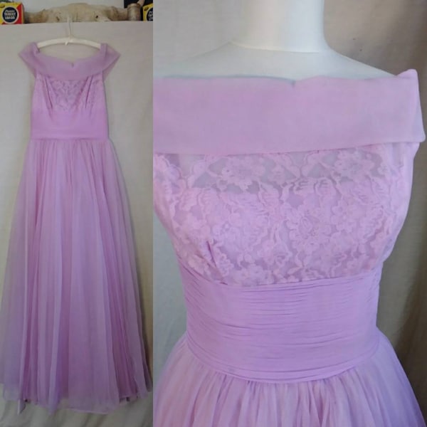 Vintage 1950's/60's Lilac Formal Special Occasion Gown. Off-shoulder, illusion neckline, layered full length bridesmaid's or prom dress, S/M