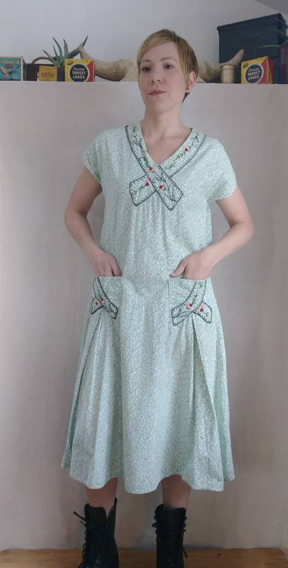 Vintage 1920's Embroidered Cotton Dress W/ Pockets