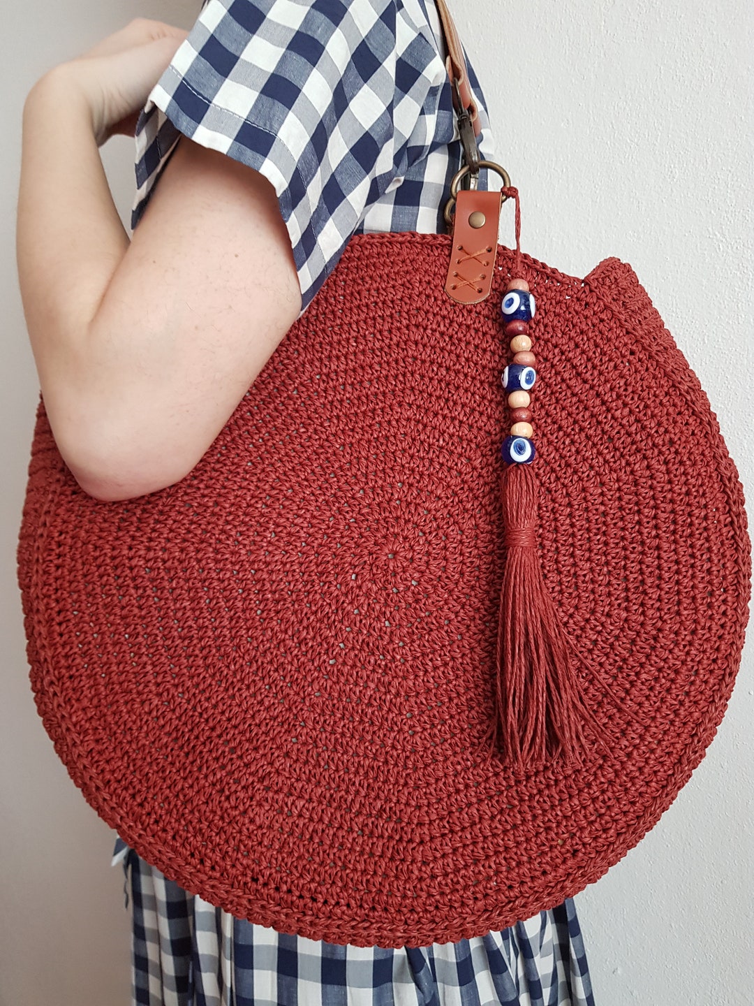 Paper Straw Shoulder Round Bag With Real Leather Handles Etsy UK