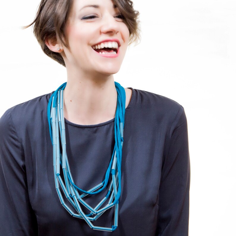 Handmade necklace made of cotton webbing and PVC - Sky blue - Ma Handmade necklace made of cotton webbing and PVC - Sky blue - Ma