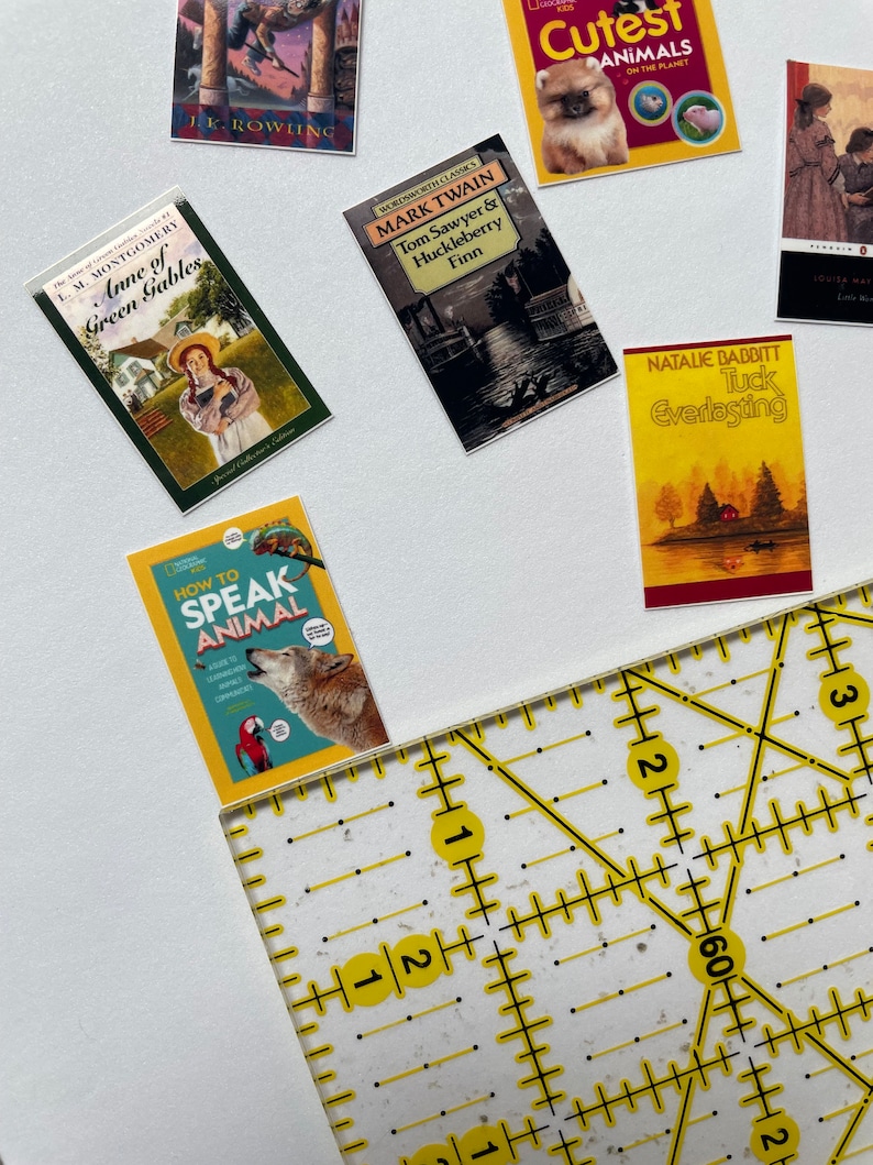 Op de afbeelding: Een verzameling miniatuur boekomslagen met verschillende titels, waaronder "Anne of Green Gables", "Tom Sawyer & Huckleberry Finn", "Hoe met dieren te praten", "Tuck Everlasting" en "De schattigste dieren op de planeet".